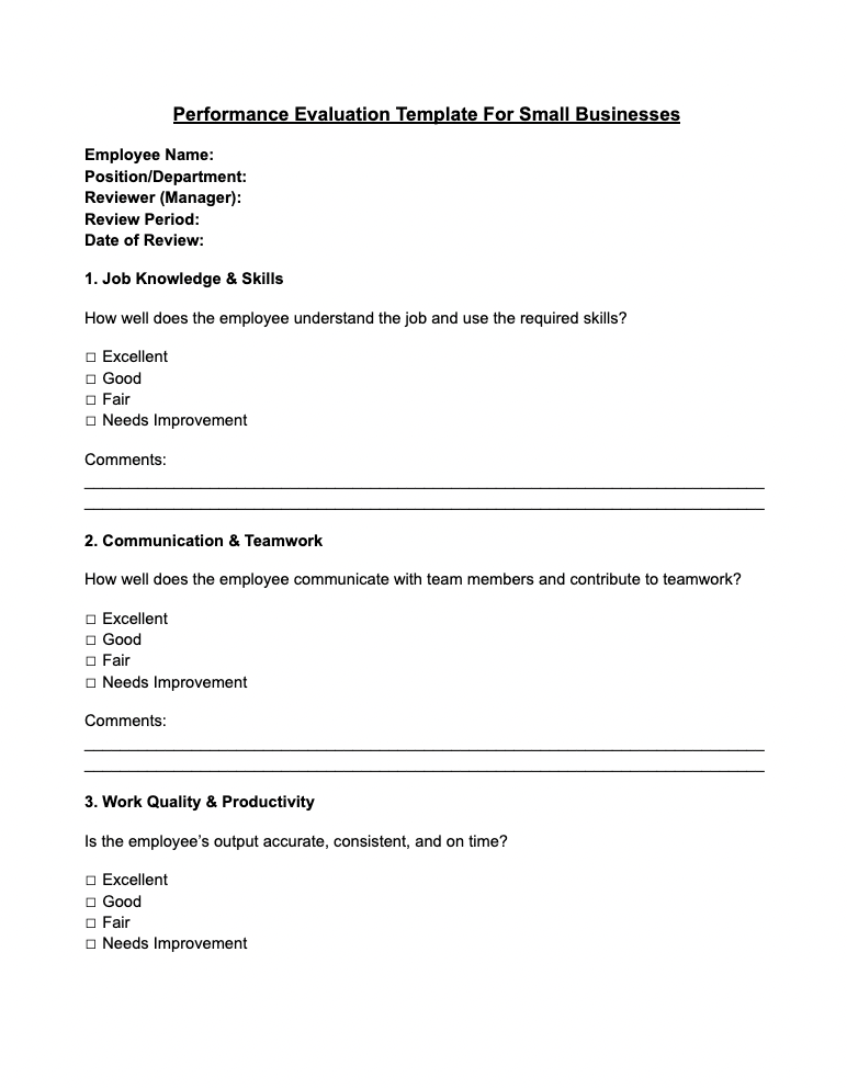 Simple Performance Review Template
